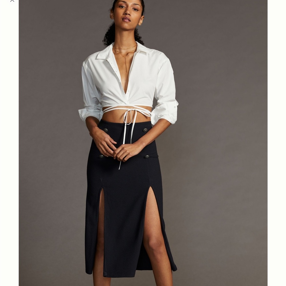 NWT Anthropologie Maeve Navy Dual Split Button MIDI Skirt Size 16